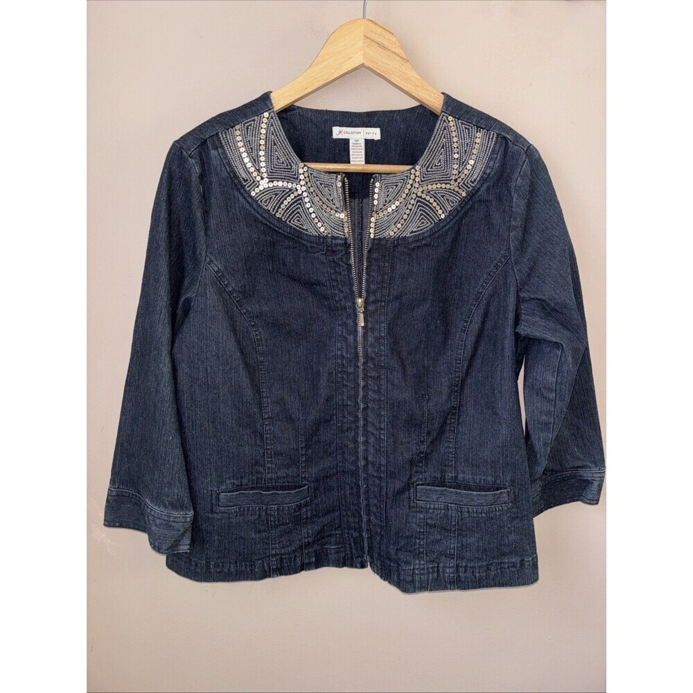 JM Collection Petite Denim Jacket 12P Sequin Embellished Zip Up